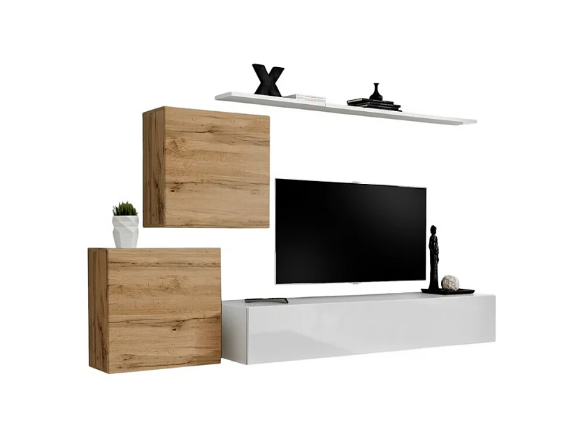 Ensemble meuble salon SWITCH V design, coloris blanc brillant et chêne Wotan.