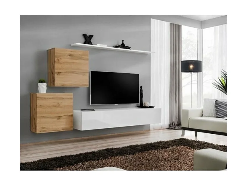 Ensemble meuble salon SWITCH V design, coloris blanc brillant et chêne Wotan.