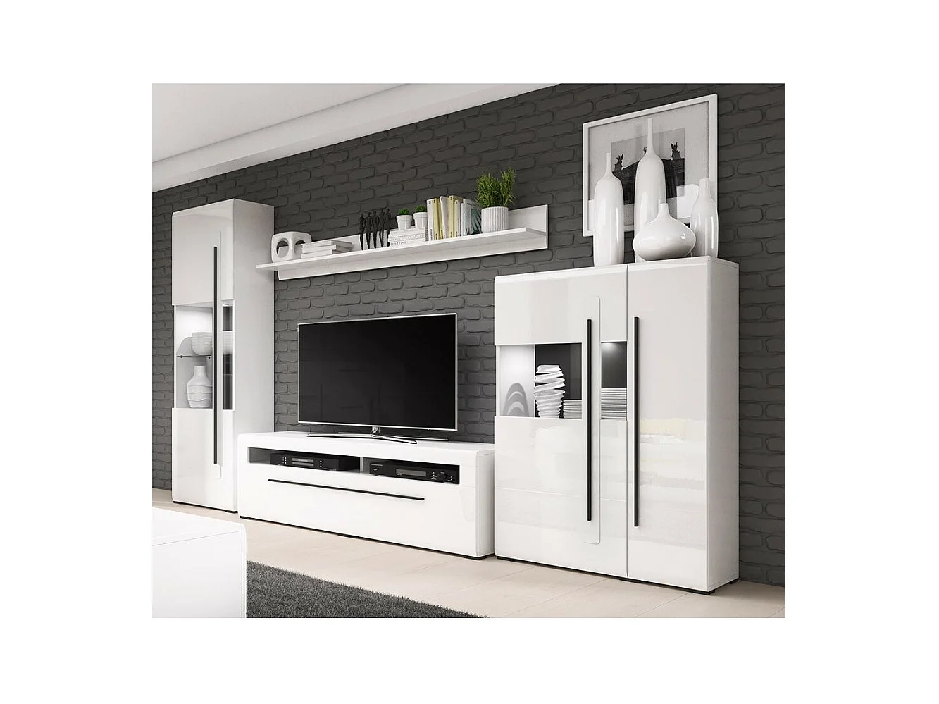 Ensemble complet pour salon collection BREDA. Coloris blanc mat et blanc brillant