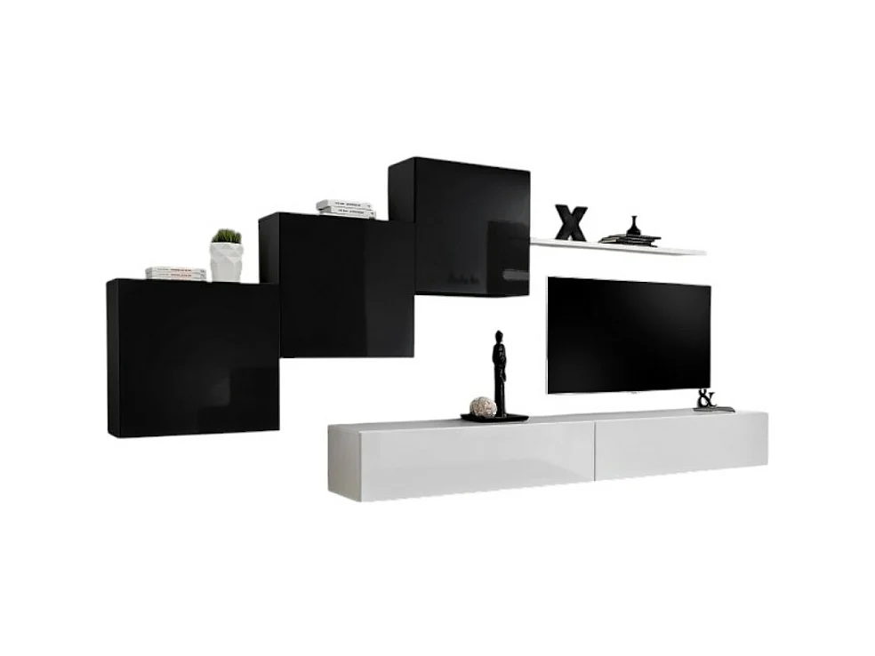 Conjunto de móveis de parede para sala SWITCH X, design, nas cores branco e preto brilhante.