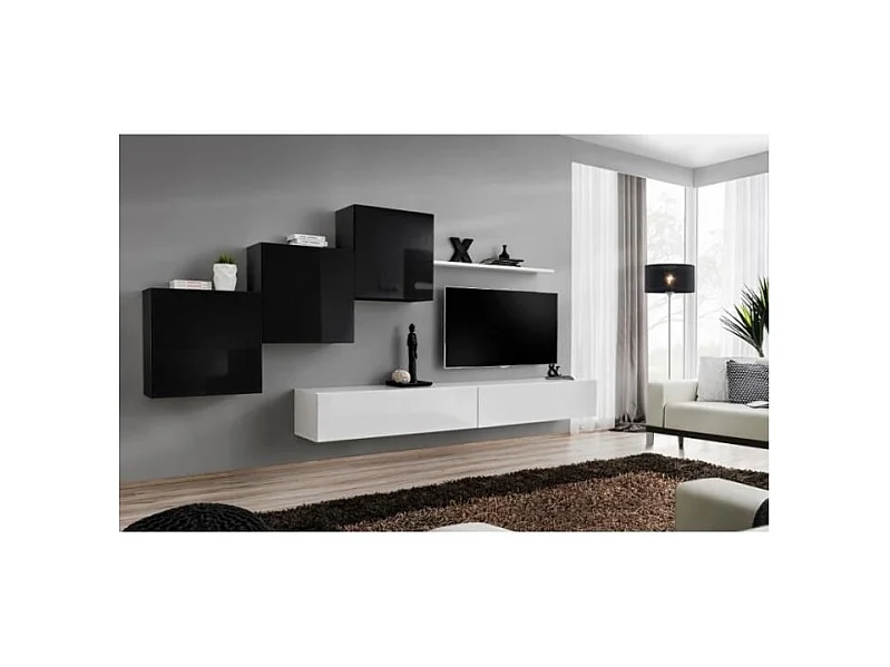 Conjunto de móveis de parede para sala SWITCH X, design, nas cores branco e preto brilhante.