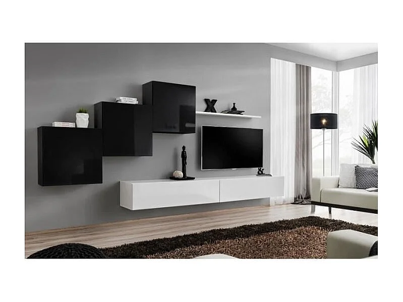 Ensemble meuble salon mural SWITCH X design, coloris blanc et noir brillant.
