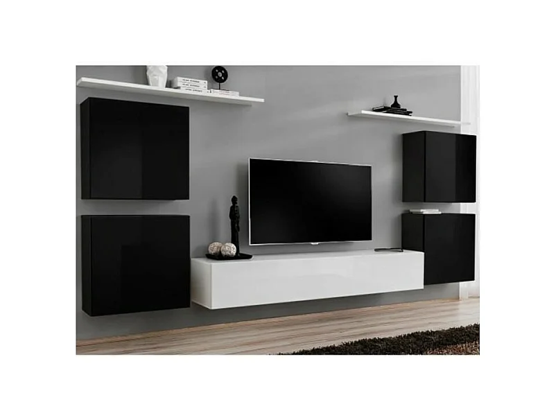Conjunto de móveis para sala SWITCH IV design, nas cores branco e preto brilhante.