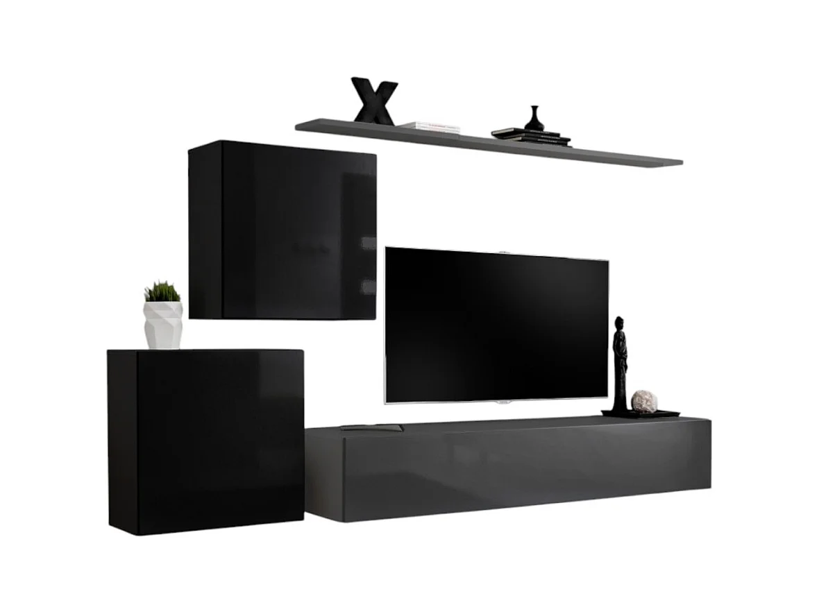 Wohnzimmermöbelset SWITCH V Design, in glänzendem Grau und Schwarz.