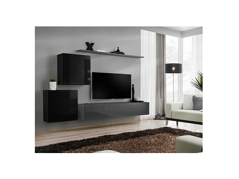 Wohnzimmermöbelset SWITCH V Design, in glänzendem Grau und Schwarz.