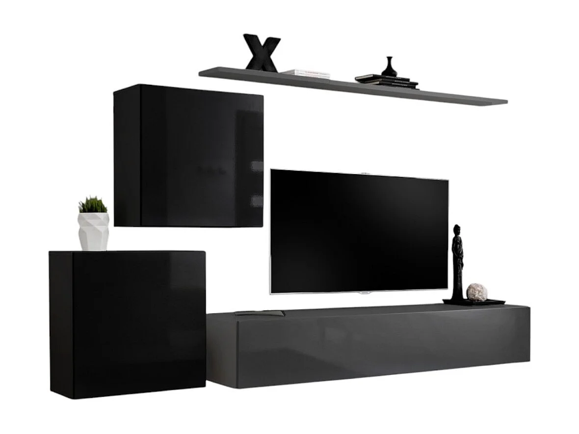 Ensemble meuble salon SWITCH V design, coloris gris et noir brillant.