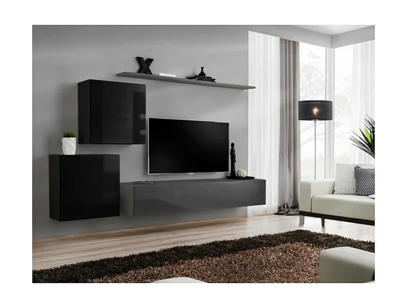Ensemble meuble salon SWITCH V design, coloris gris et noir brillant.