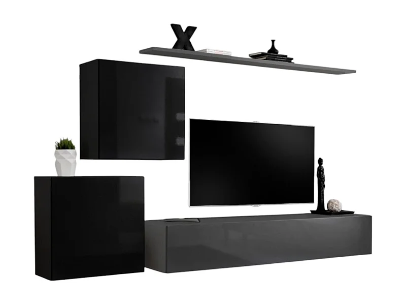 Ensemble meuble salon SWITCH V design, coloris gris et noir brillant.