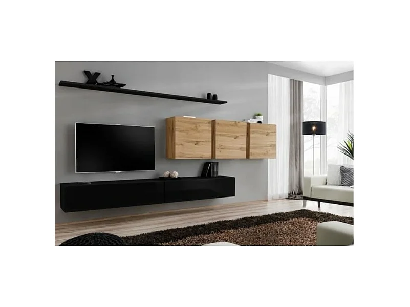Conjunto de móveis para sala de estar SWITCH VII design, cor preto brilhante e carvalho Wotan.