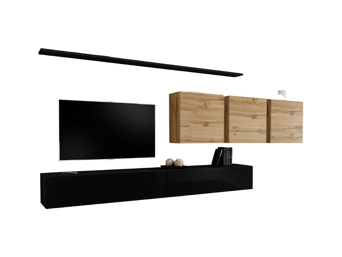 Woonkamerset SWITCH VII design, in glanzend zwart en Wotan eiken kleur.