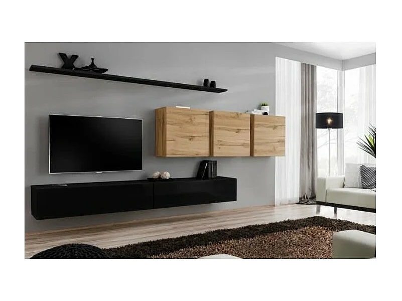 Ensemble meuble salon SWITCH VII design, coloris noir brillant et chêne Wotan.