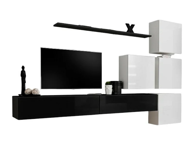 Wohnzimmerwand-Set SWITCH IX Design, in glänzendem Schwarz und Weiß.