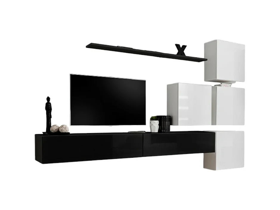 Conjunto de móveis de parede para sala de estar SWITCH IX, design, nas cores preto e branco brilhante.