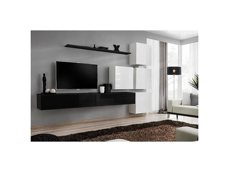 Conjunto de móveis de parede para sala de estar SWITCH IX, design, nas cores preto e branco brilhante.