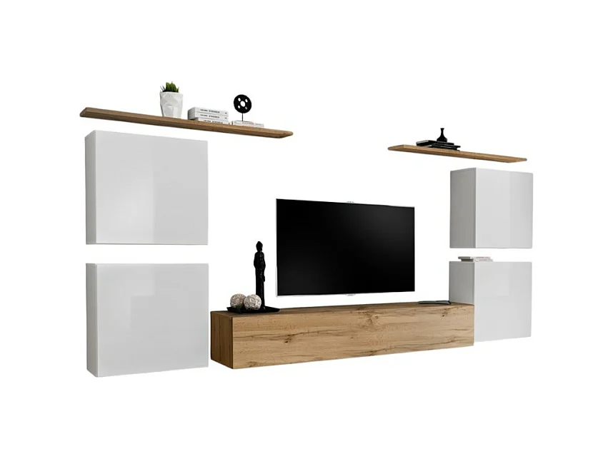 Ensemble meuble salon SWITCH IV design, coloris chêne Wotan et blanc .
