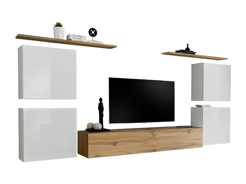 Ensemble meuble salon SWITCH IV design, coloris chêne Wotan et blanc .