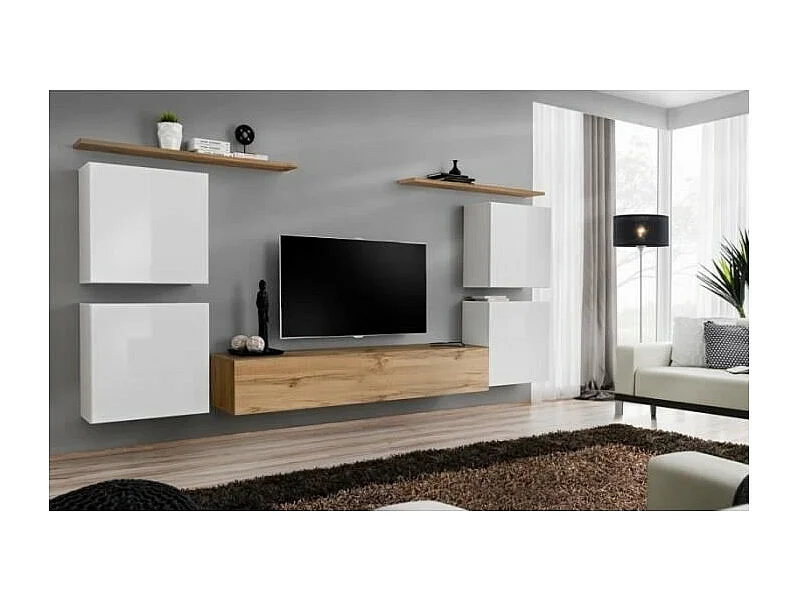 Ensemble meuble salon SWITCH IV design, coloris chêne Wotan et blanc .