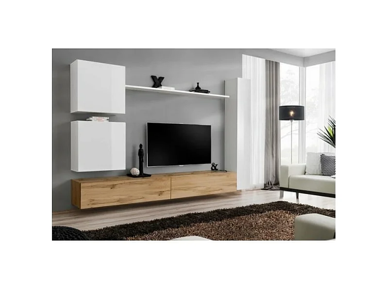 Set mobile da soggiorno a parete SWITCH VIII. Mobile TV da parete design, colori rovere Wotan e bianco lucido.