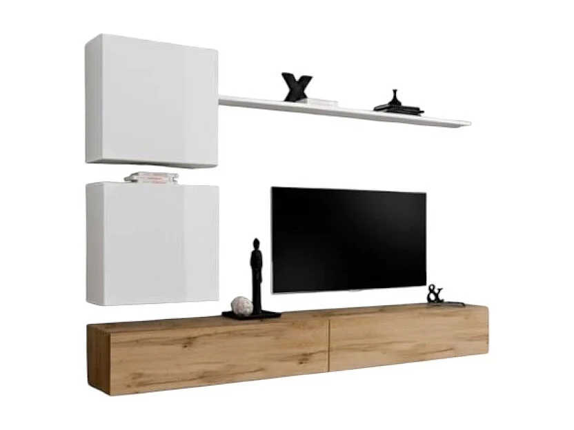Set mobile da soggiorno a parete SWITCH VIII. Mobile TV da parete design, colori rovere Wotan e bianco lucido.