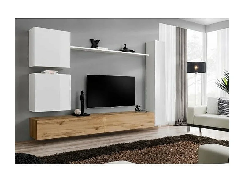 Set mobile da soggiorno a parete SWITCH VIII. Mobile TV da parete design, colori rovere Wotan e bianco lucido.