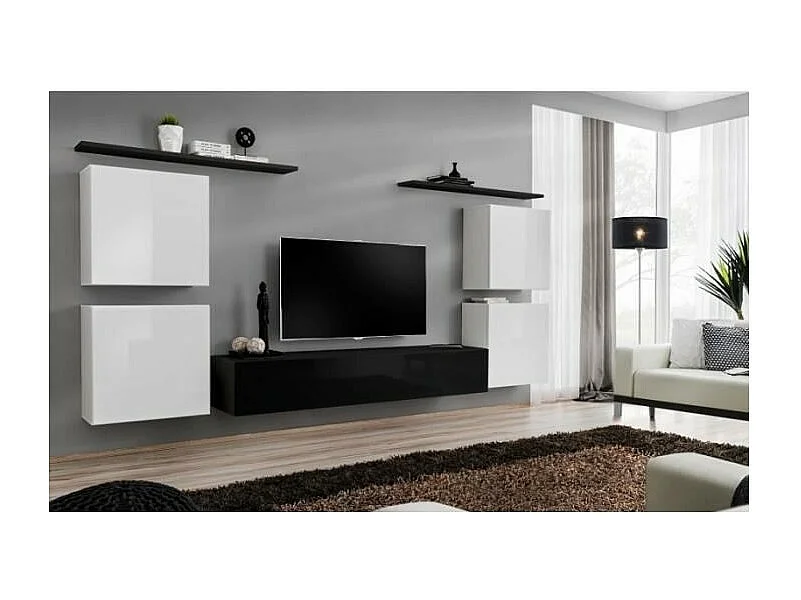 Ensemble meuble salon SWITCH IV design, coloris noir et blanc brillant.