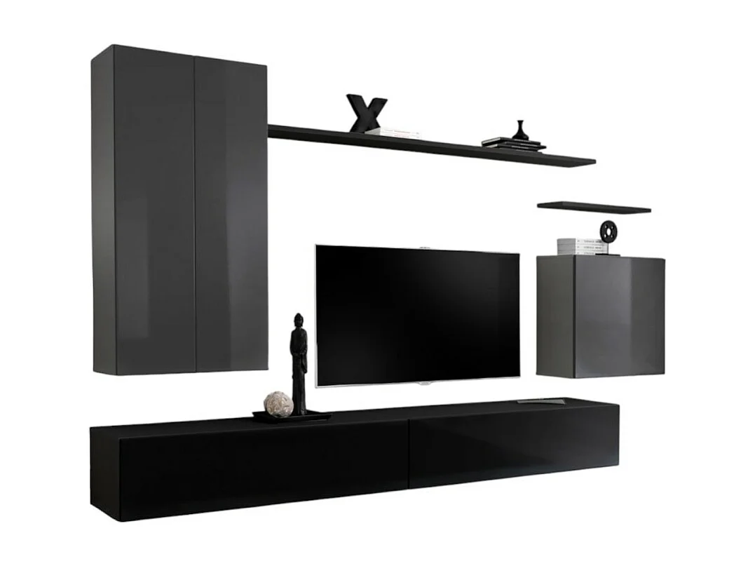 Woonkamermeubelset collectie SWITCH II, ontwerp in glanzend grijs en zwart.