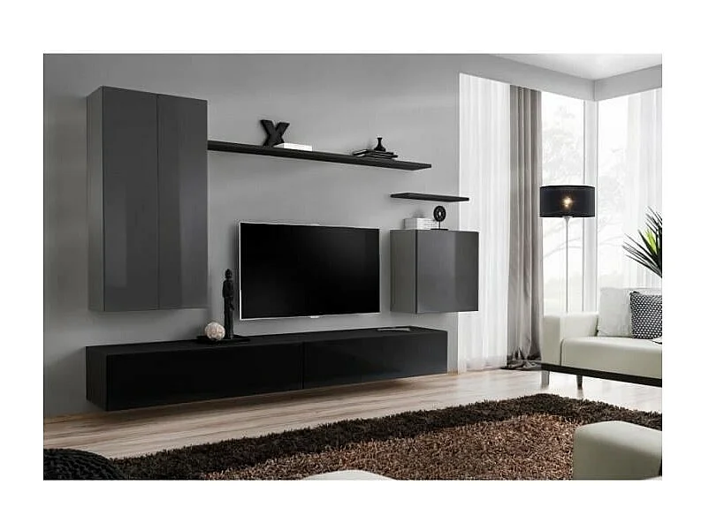 Woonkamermeubelset collectie SWITCH II, ontwerp in glanzend grijs en zwart.