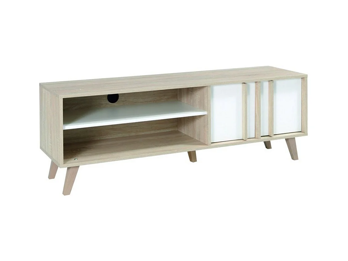 Meuble TV MALMO 150 cm coloris chêne clair et blanc