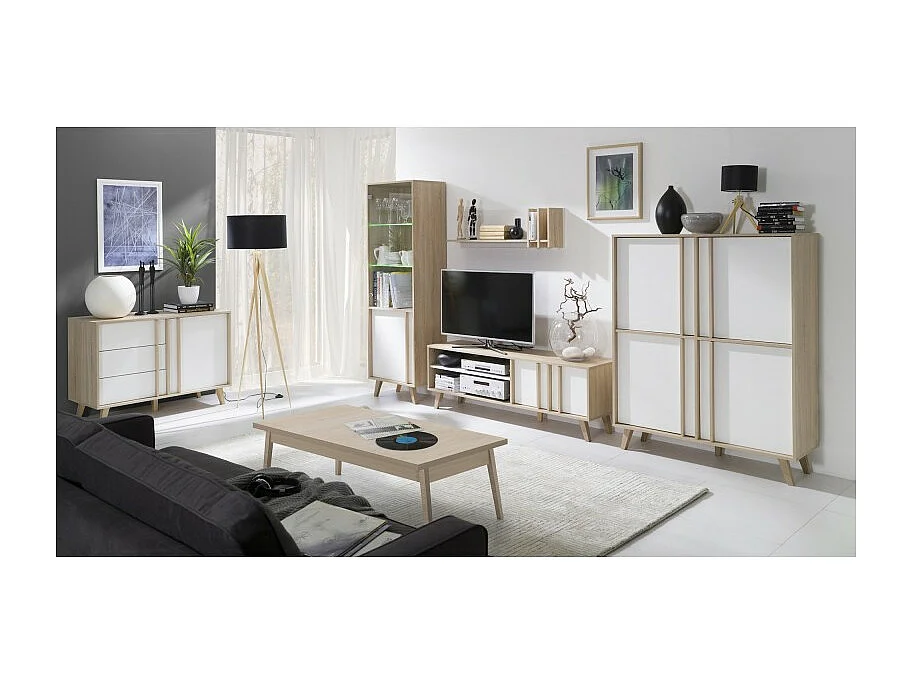 Meuble TV MALMO 150 cm coloris chêne clair et blanc