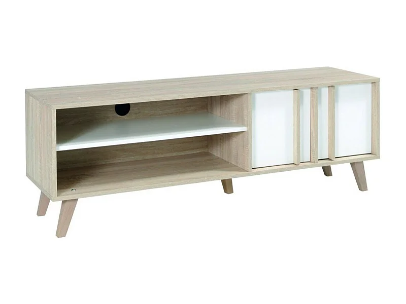 Meuble TV MALMO 150 cm coloris chêne clair et blanc