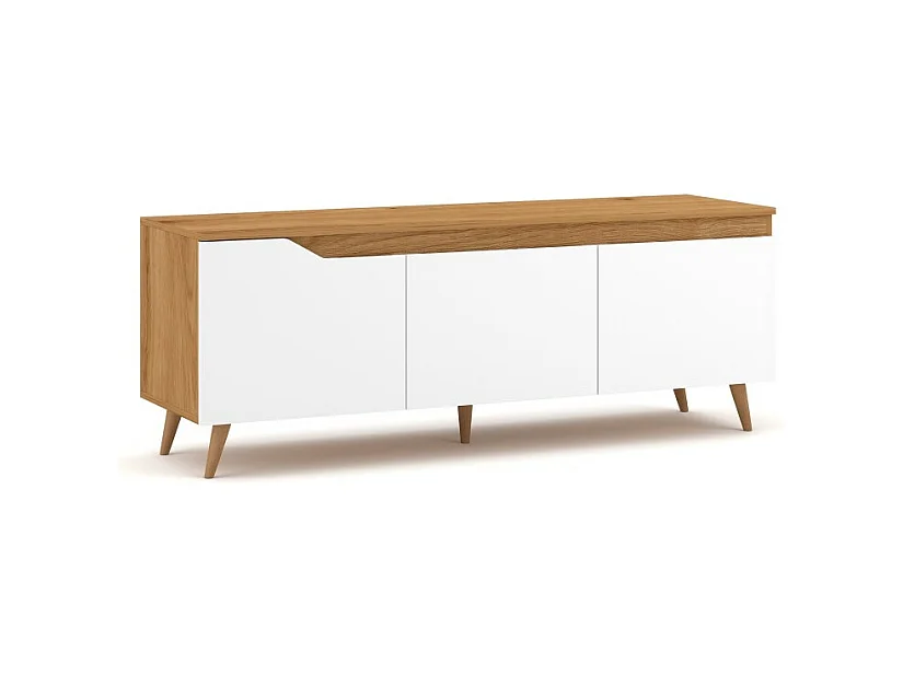 Meuble TV scandinave TUEW 140cm, 3 portes, coloris chêne et blanc mat.