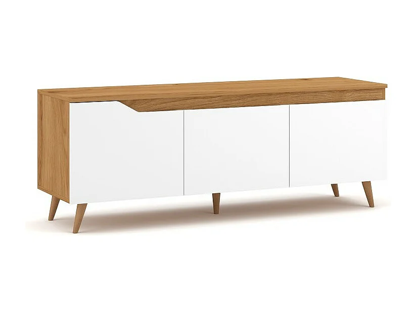 Meuble TV scandinave TUEW 140cm, 3 portes, coloris chêne et blanc mat.