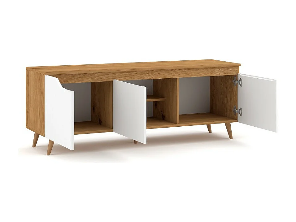 Meuble TV scandinave TUEW 140cm, 3 portes, coloris chêne et blanc mat.