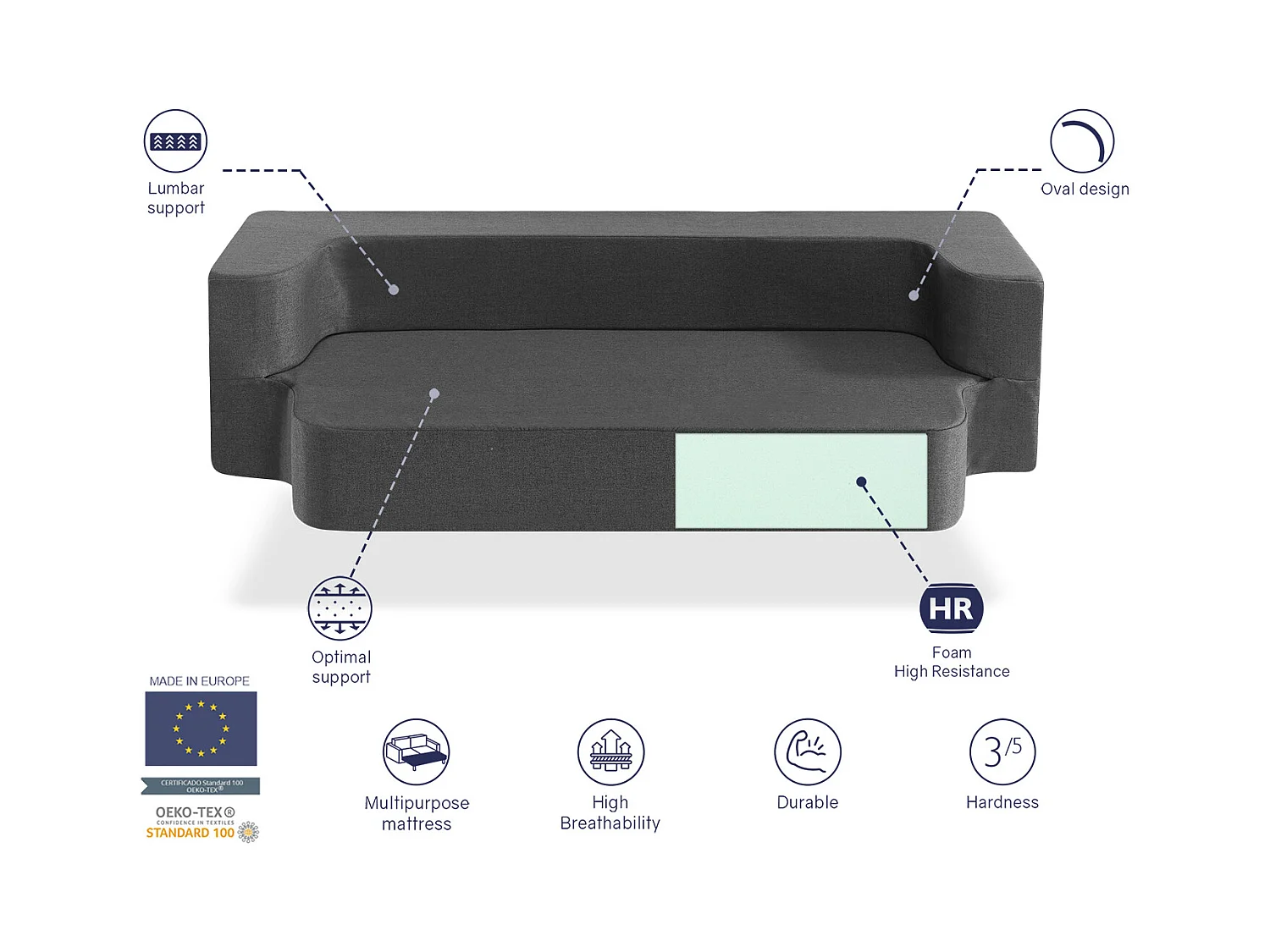 Colchón futón plegable 90x190 - Grosor 24 cm Sofá cama - Colchón cama