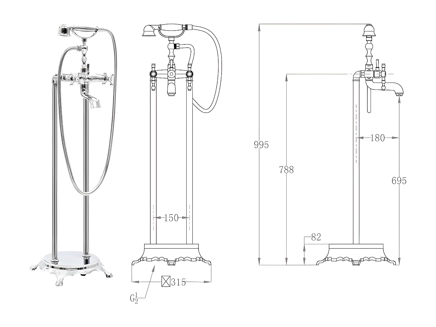 Rubinetto per vasca da bagno su supporto in acciaio inox 995 cm argento 02_0003478