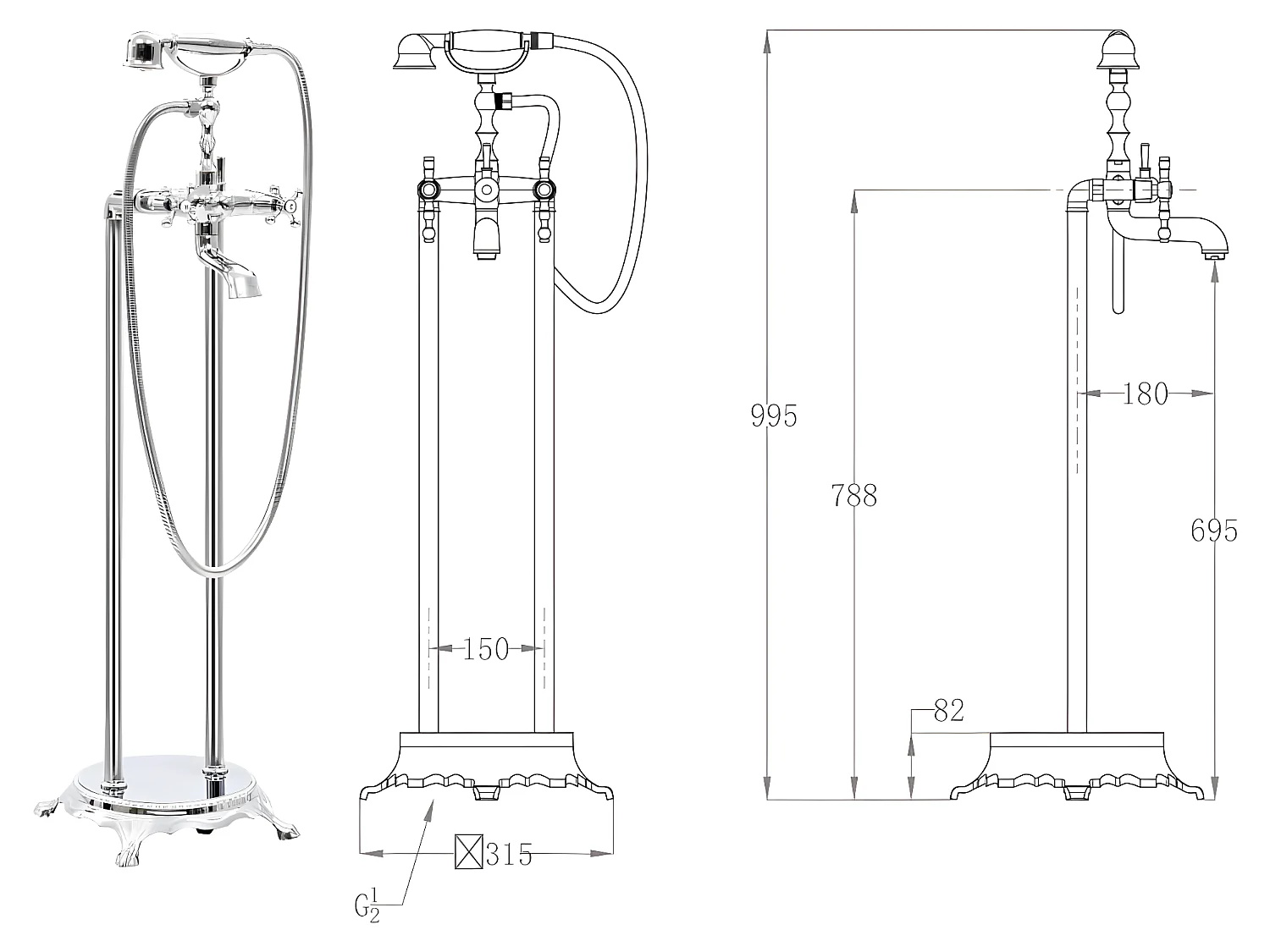 Grifo de bañera de baño con pedestal de acero inoxidable 995 cm plateado 02_0003478
