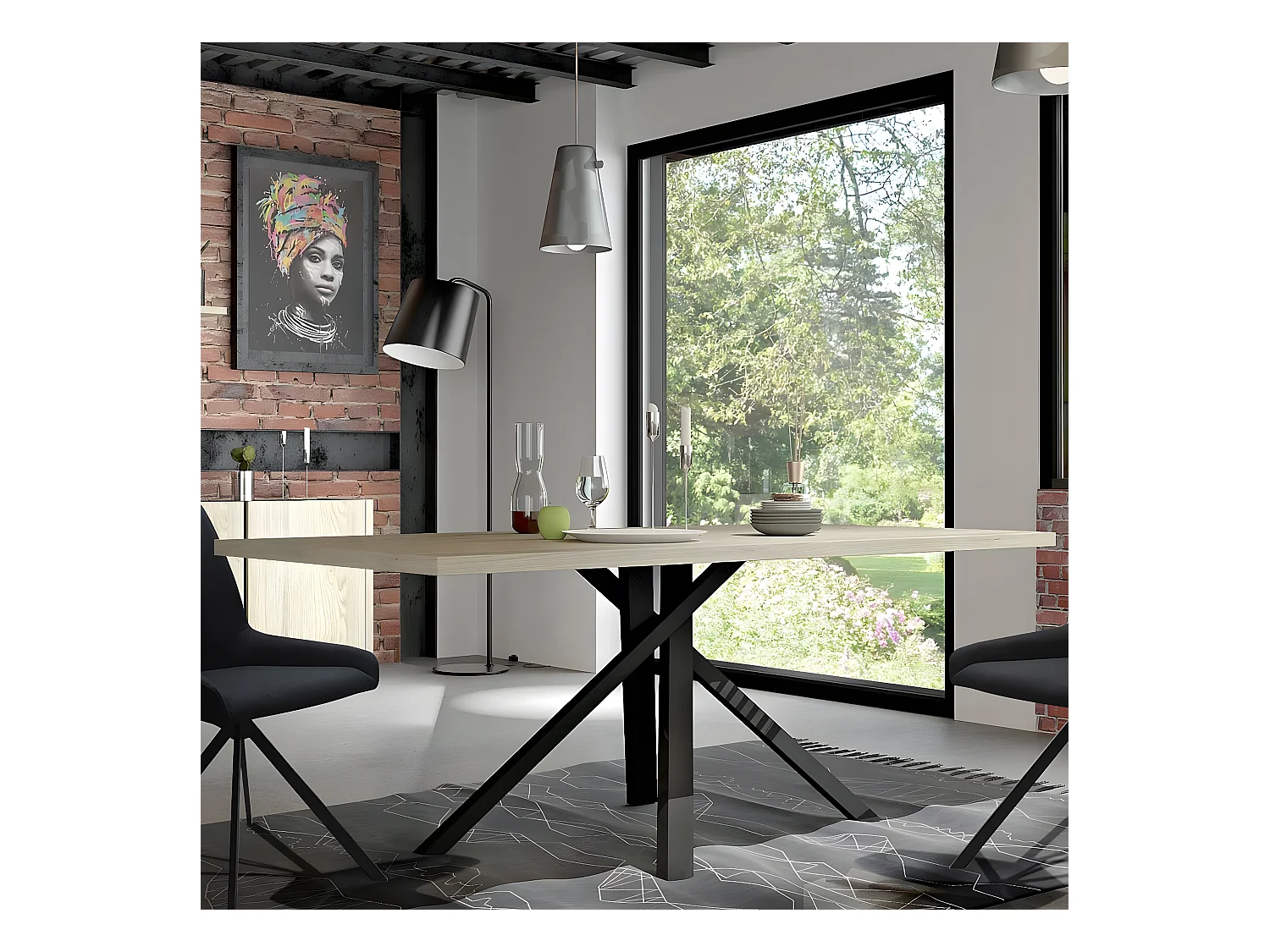 YUMA - Table 200cm Industrielle Effet Chêne Pied Central