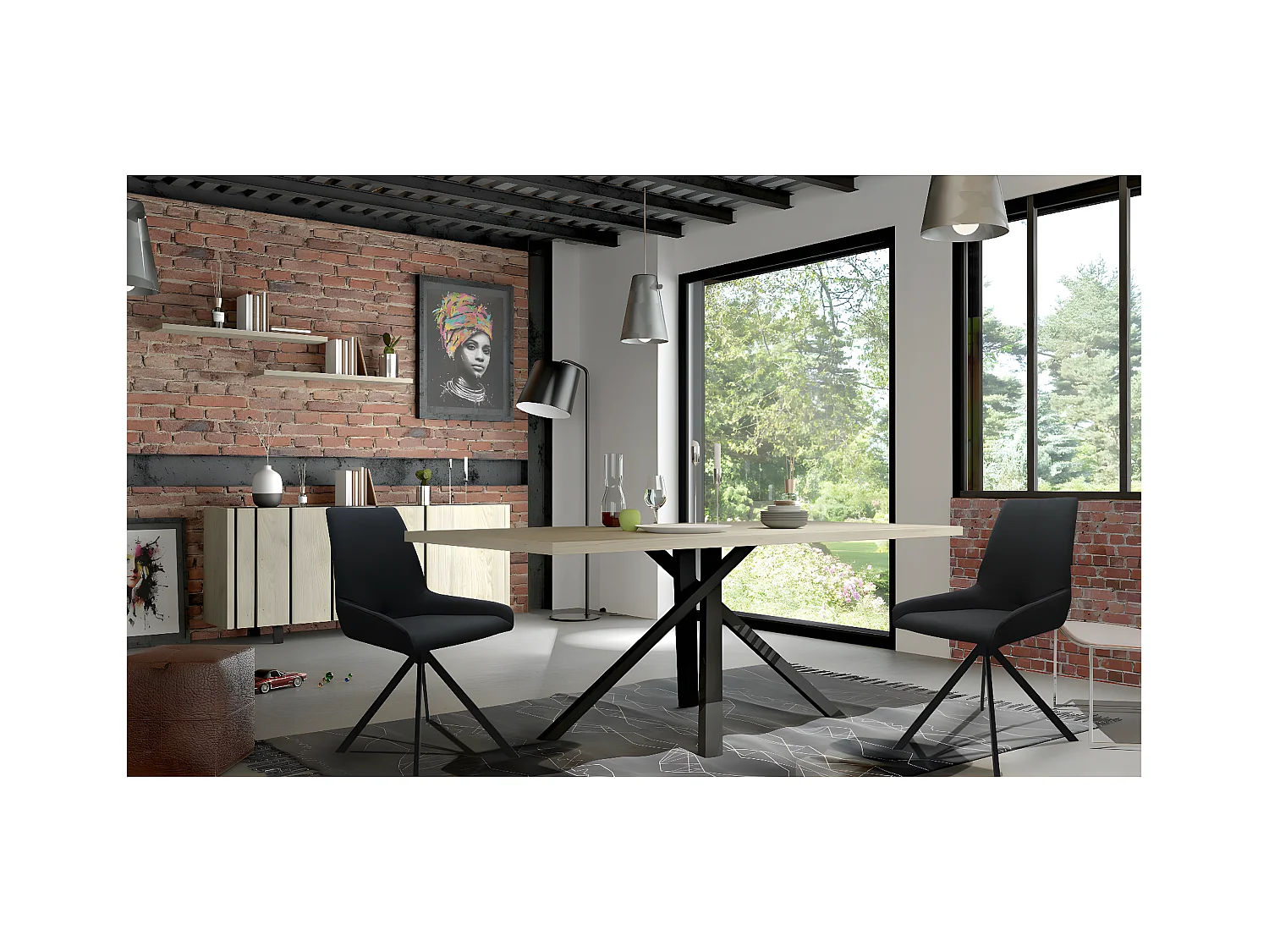 YUMA - Table 200cm Industrielle Effet Chêne Pied Central