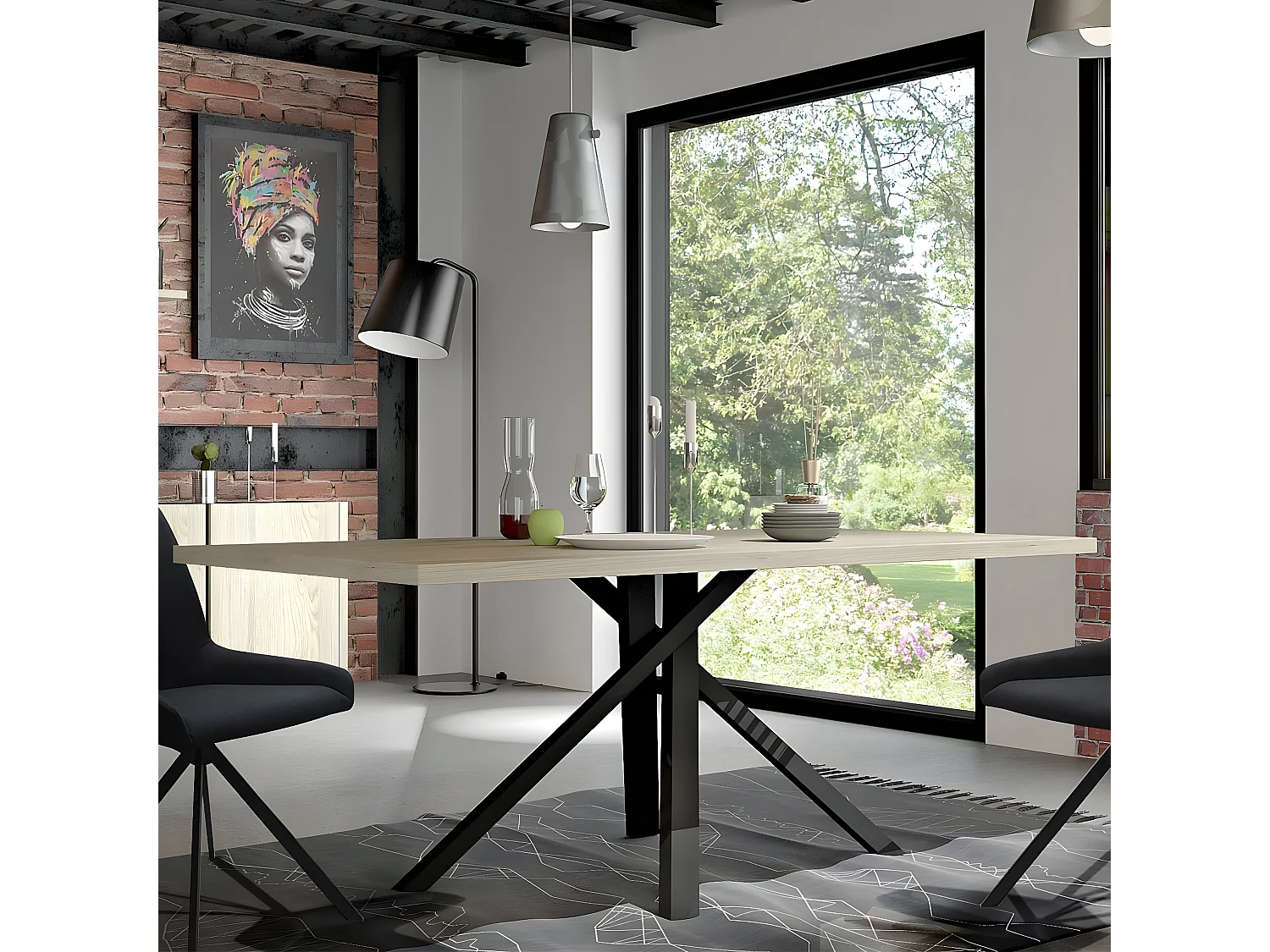 YUMA - Table 200cm Industrielle Effet Chêne Pied Central