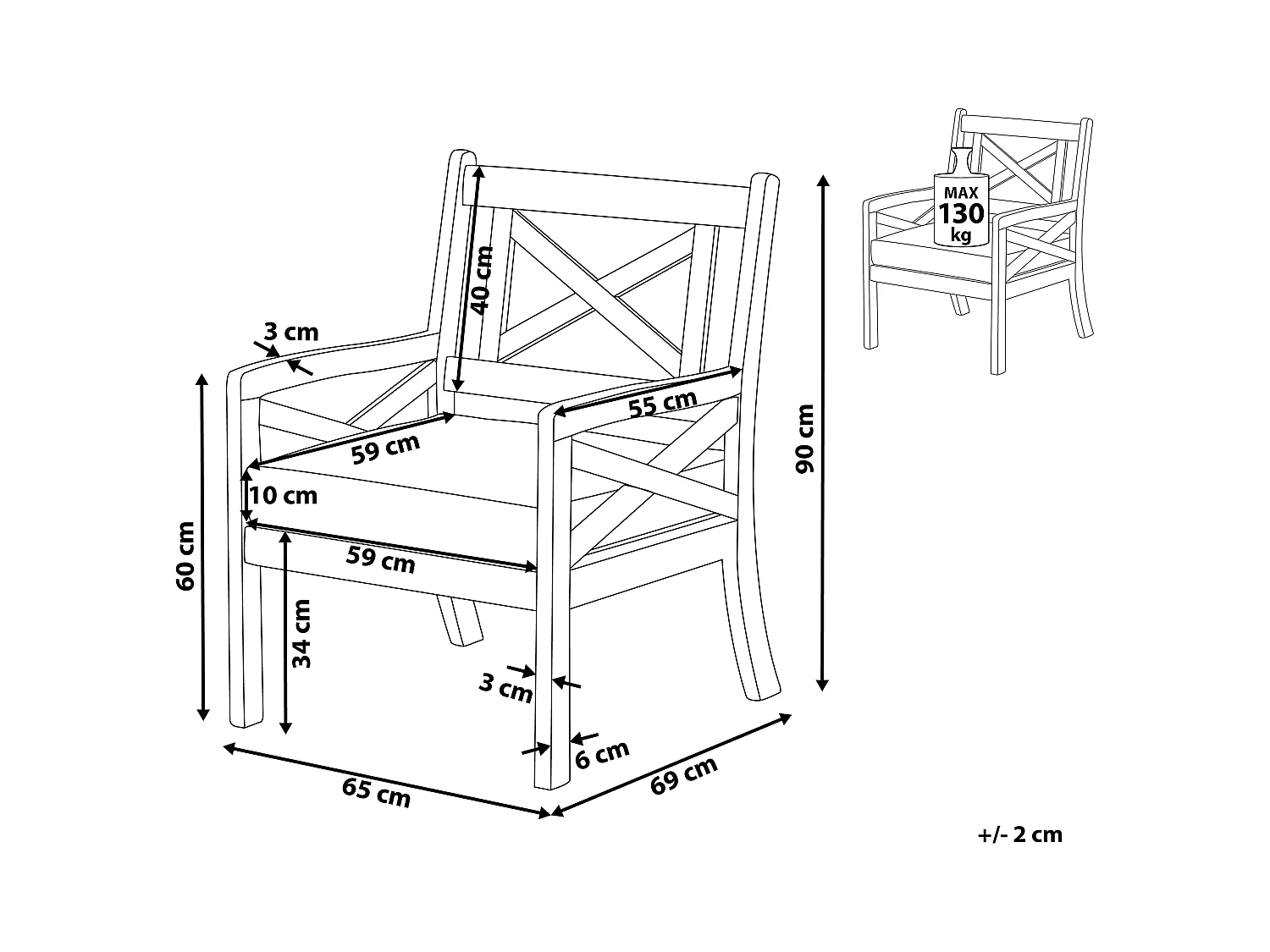 Rustikalischer Gartenstuhl Akazienholz weiß Sitzkissen in Marineblau Baltic