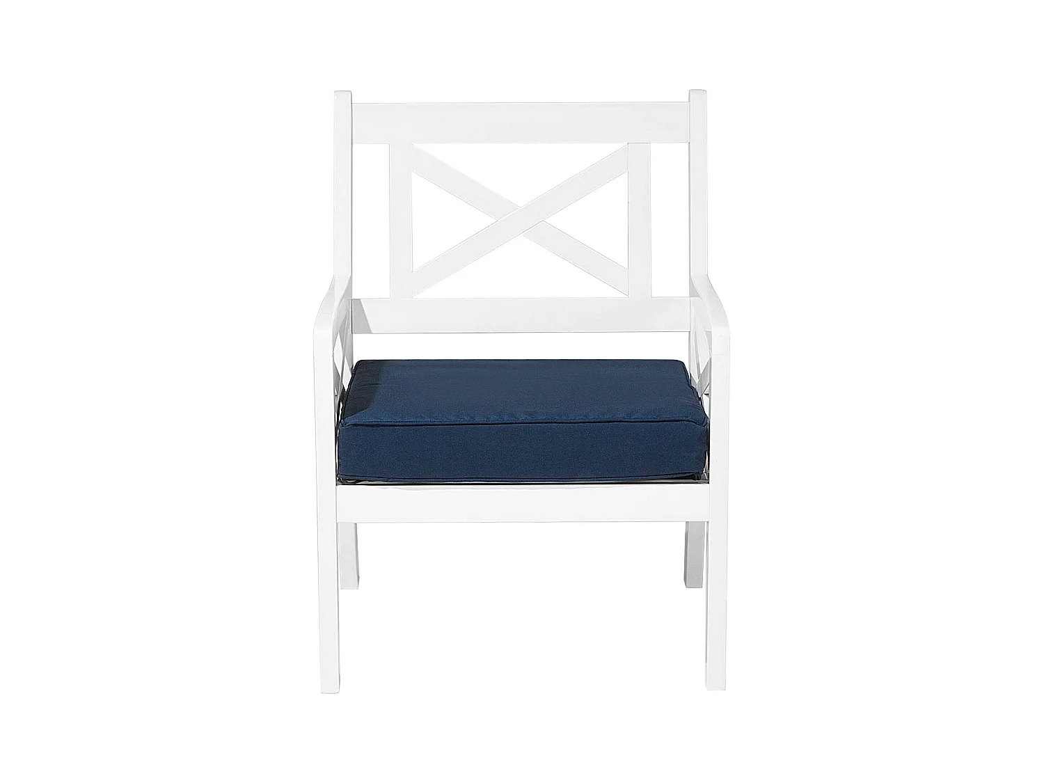Rustikalischer Gartenstuhl Akazienholz weiß Sitzkissen in Marineblau Baltic