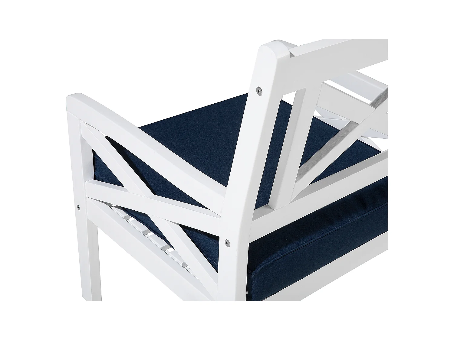 Rustikalischer Gartenstuhl Akazienholz weiß Sitzkissen in Marineblau Baltic