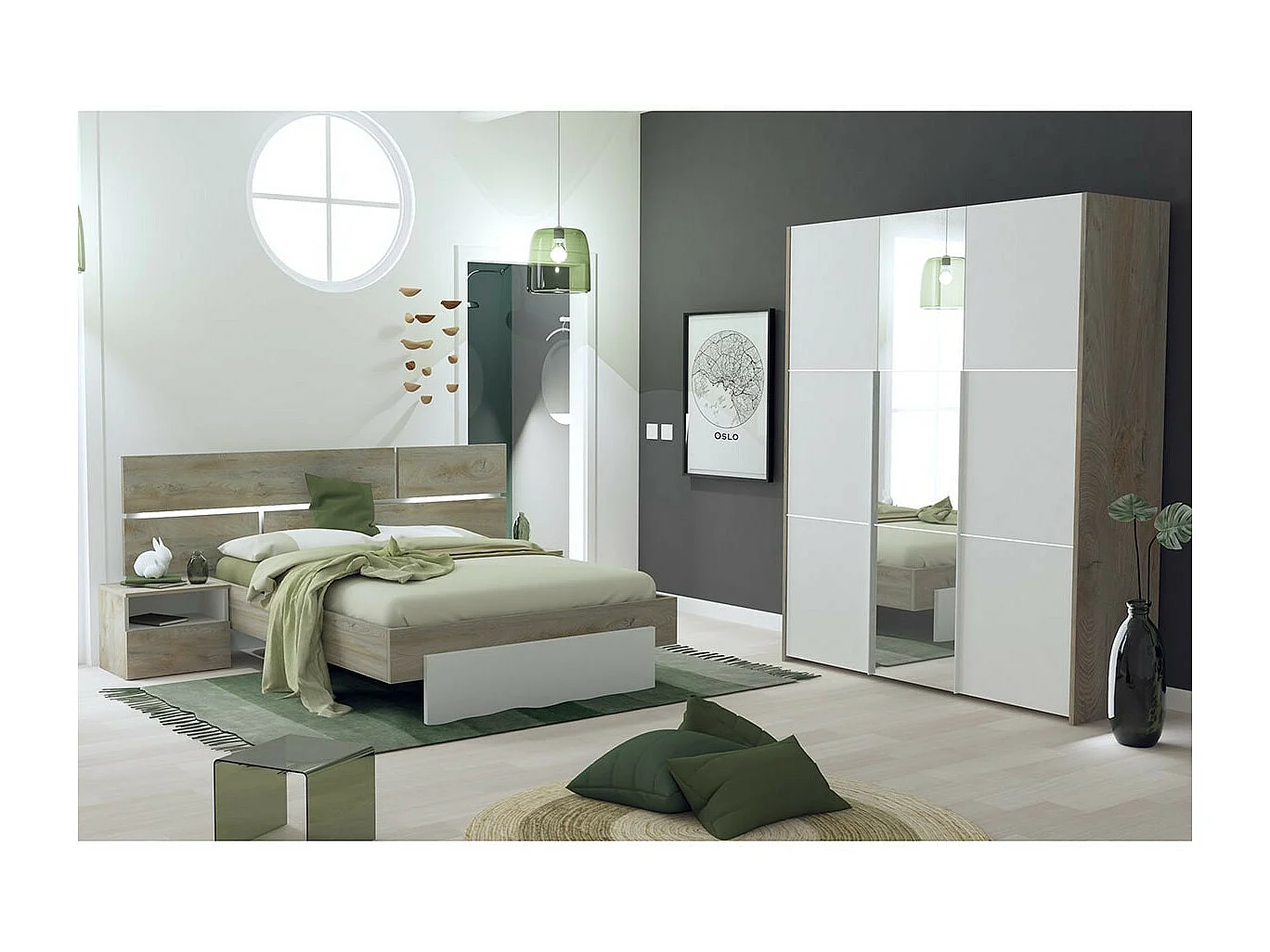 NINO LIGHT - Armoire 3 Portes Effet Bois Clair avec Miroir