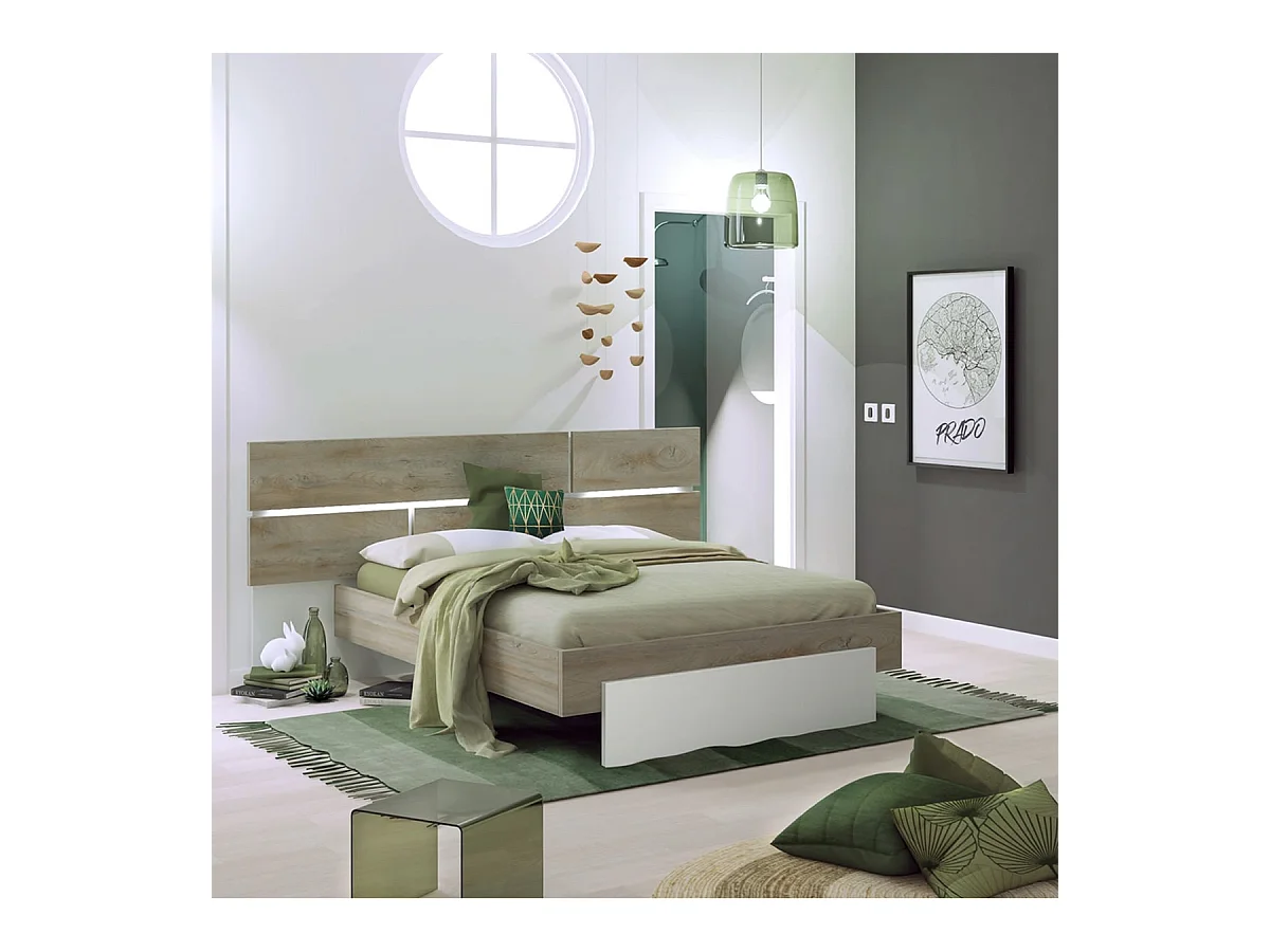 NINO LIGHT - Lit 140x190cm Blanc et Effet Bois Clair avec Leds