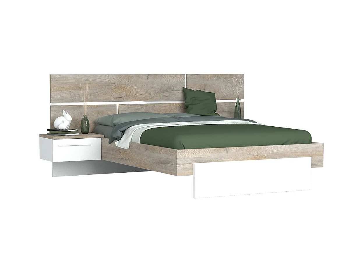 NINO LIGHT - Lit 180x200cm Effet Bois avec Leds + Chevets Suspendus