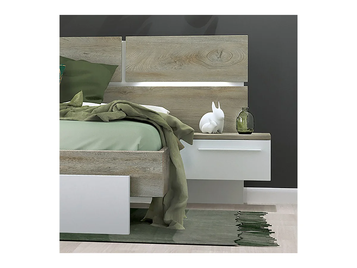 NINO LIGHT - Lit 180x200cm Effet Bois avec Leds + Chevets Suspendus