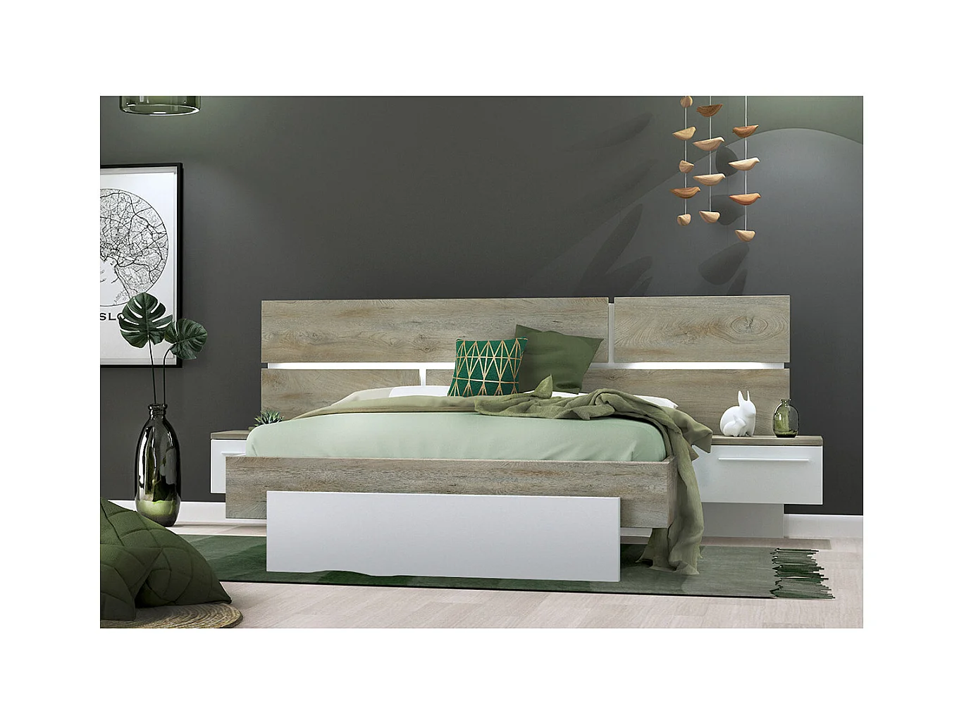 NINO LIGHT - Lit 180x200cm Effet Bois avec Leds + Chevets Suspendus