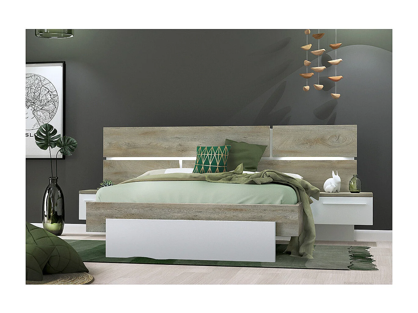 NINO LIGHT - Lit 180x200cm Effet Bois avec Leds + Chevets Suspendus