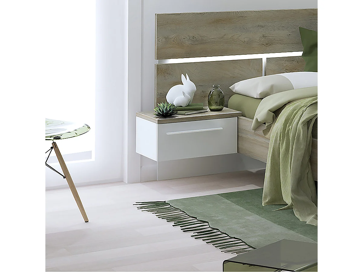 NINO LIGHT - Lit 180x200cm Effet Bois avec Leds + Chevets Suspendus