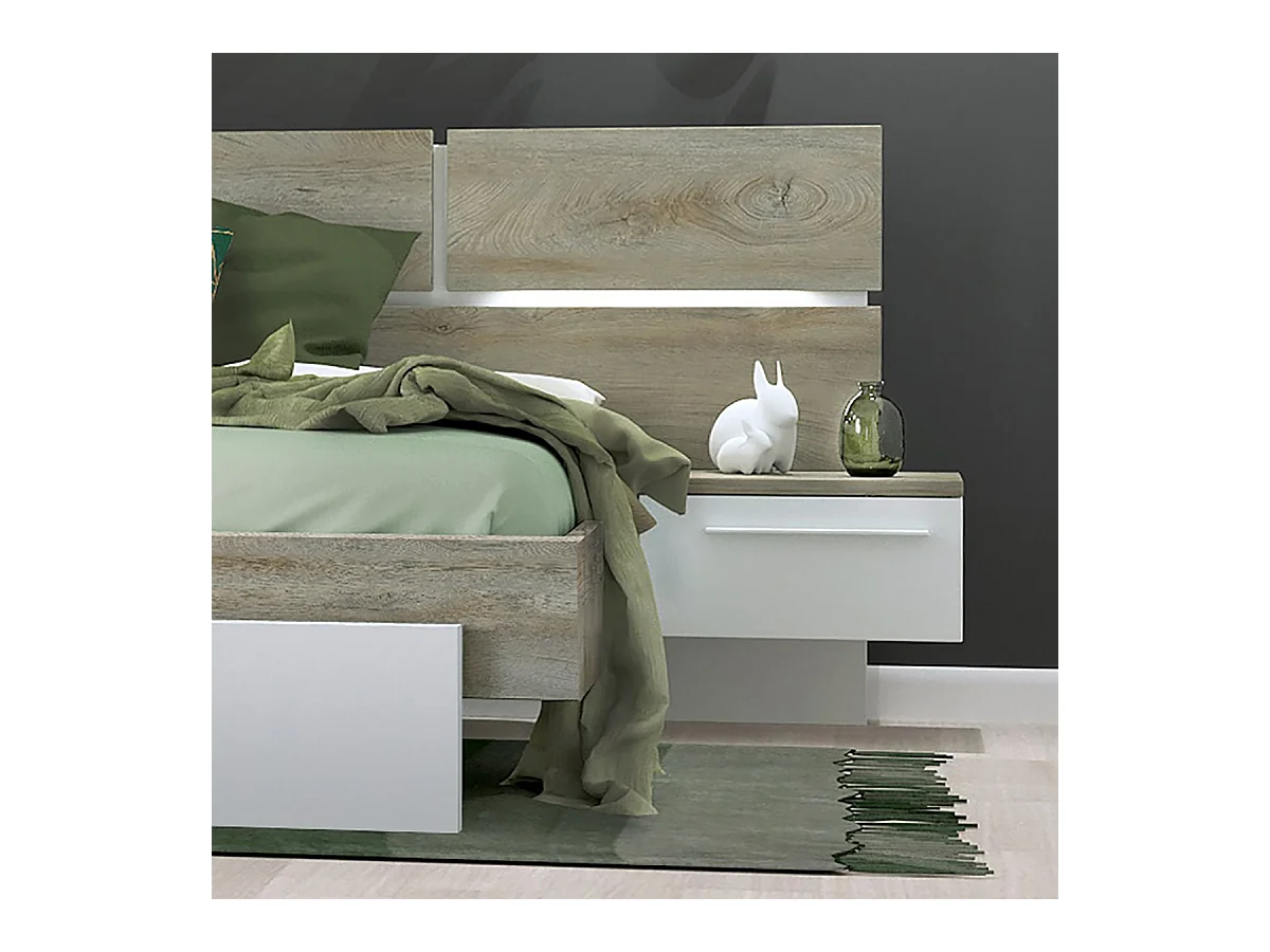 NINO LIGHT - Lit 160x200cm Effet Bois avec Leds + Chevets Suspendus